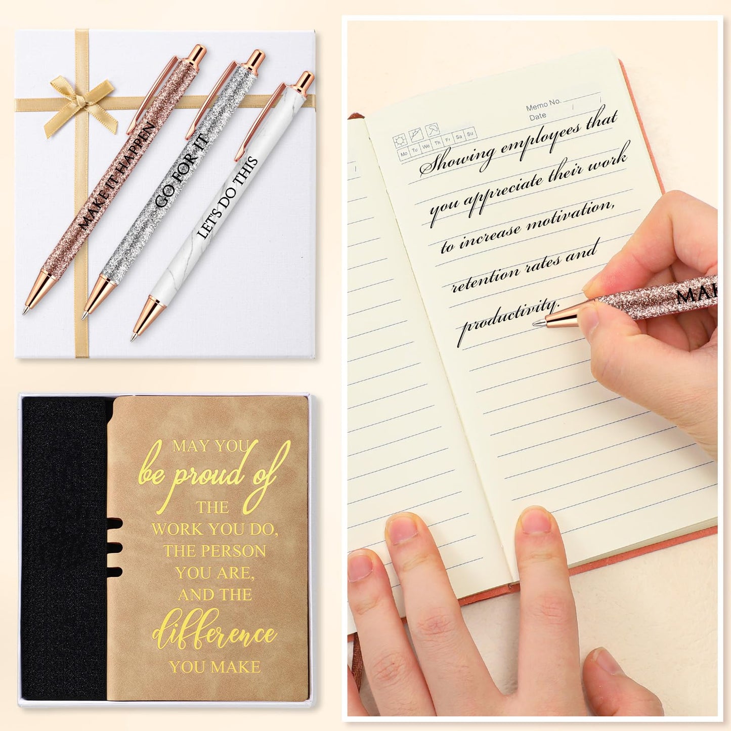 Resurhang 5 Pcs Employee Appreciation Gift Leather Journal Notebook 3 Ballpoint Pens with Box Graduation Thank You Gift for Nurse Volunteer Teacher Secretary Assistant Coworker Women(Khaki)