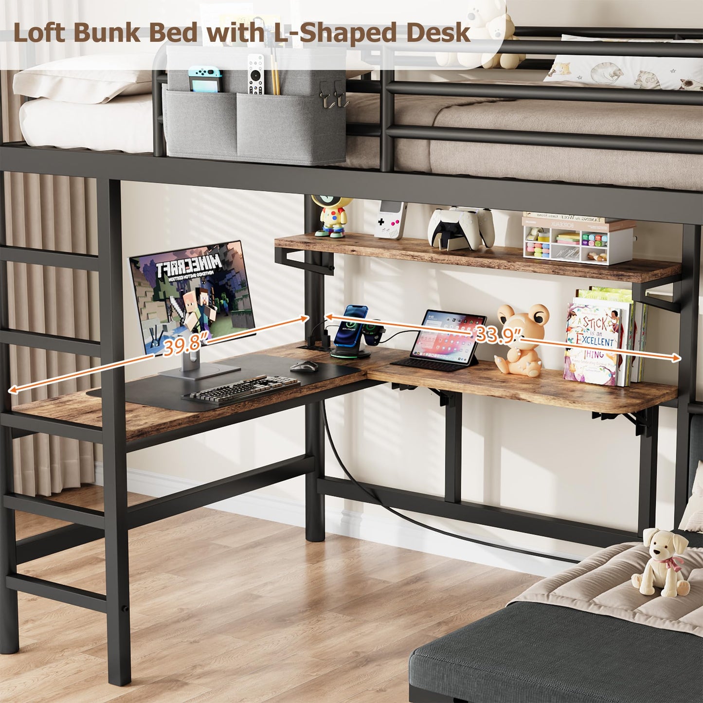 Jocoevol Twin Loft Bed with Mattress, Dual-Access Bed, Pull-Out Folding Bed & L-Shaped Desk, Heavy Duty Metal Bunk Bed Frame with Safety Guardrails, Charging Station & Adjustable Shelves (Dark Black)