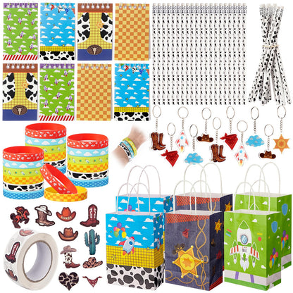 Vanblue 110 Pcs Cartoon Story Party favors Cow Pattern Birthday Decorations Set Gift for Kids Treasure Box Toys for Classroom School Reward Gift Prizes Notebooks Goodie Bag Stuffers