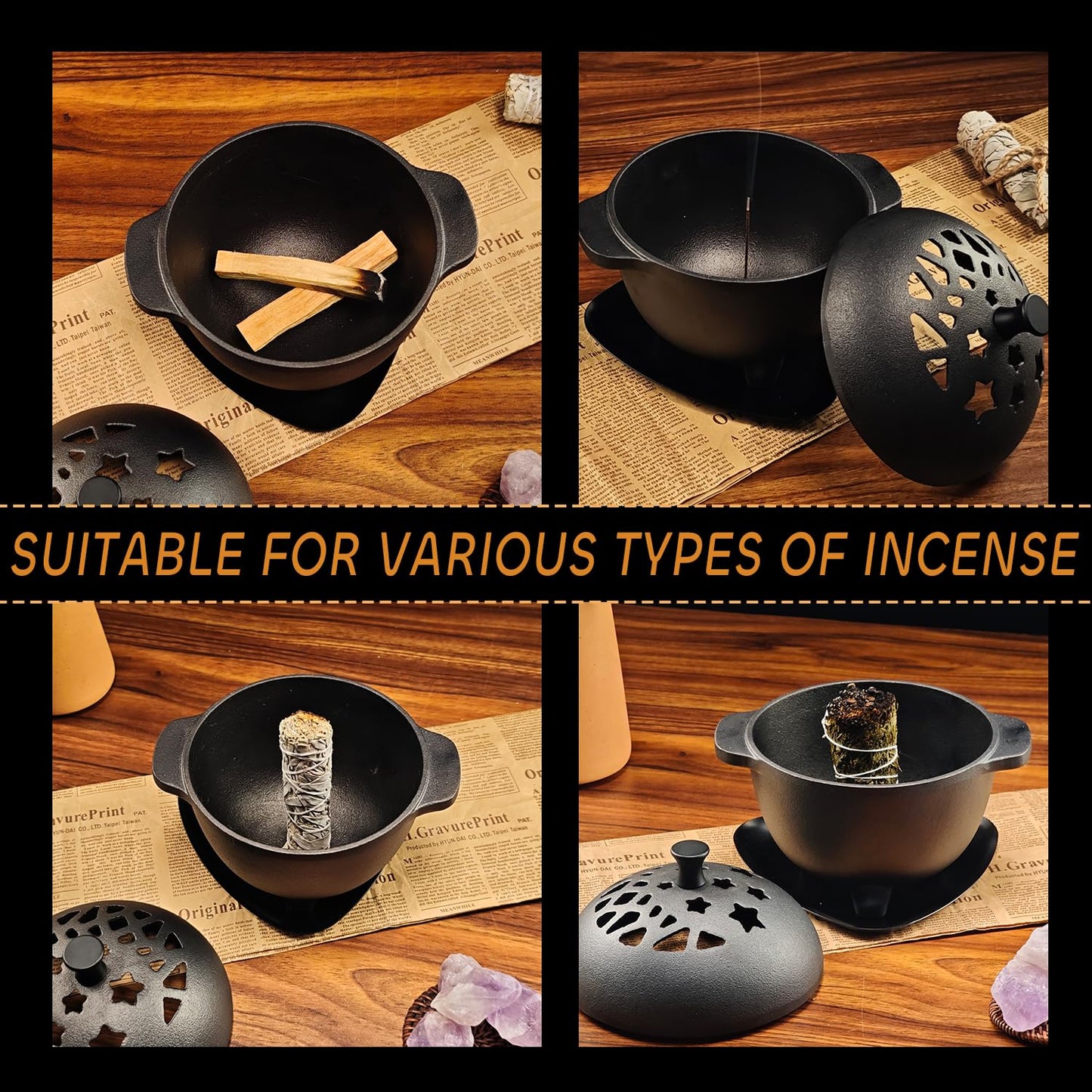 IPROUDER Cast Iron Incense Burner - Cast Iron Incense Holder Mini Cauldron for Sage, Palo Santo, Resin, Charcoal & Japanese Incense | Home, Rituals & Meditation Censer Bowl