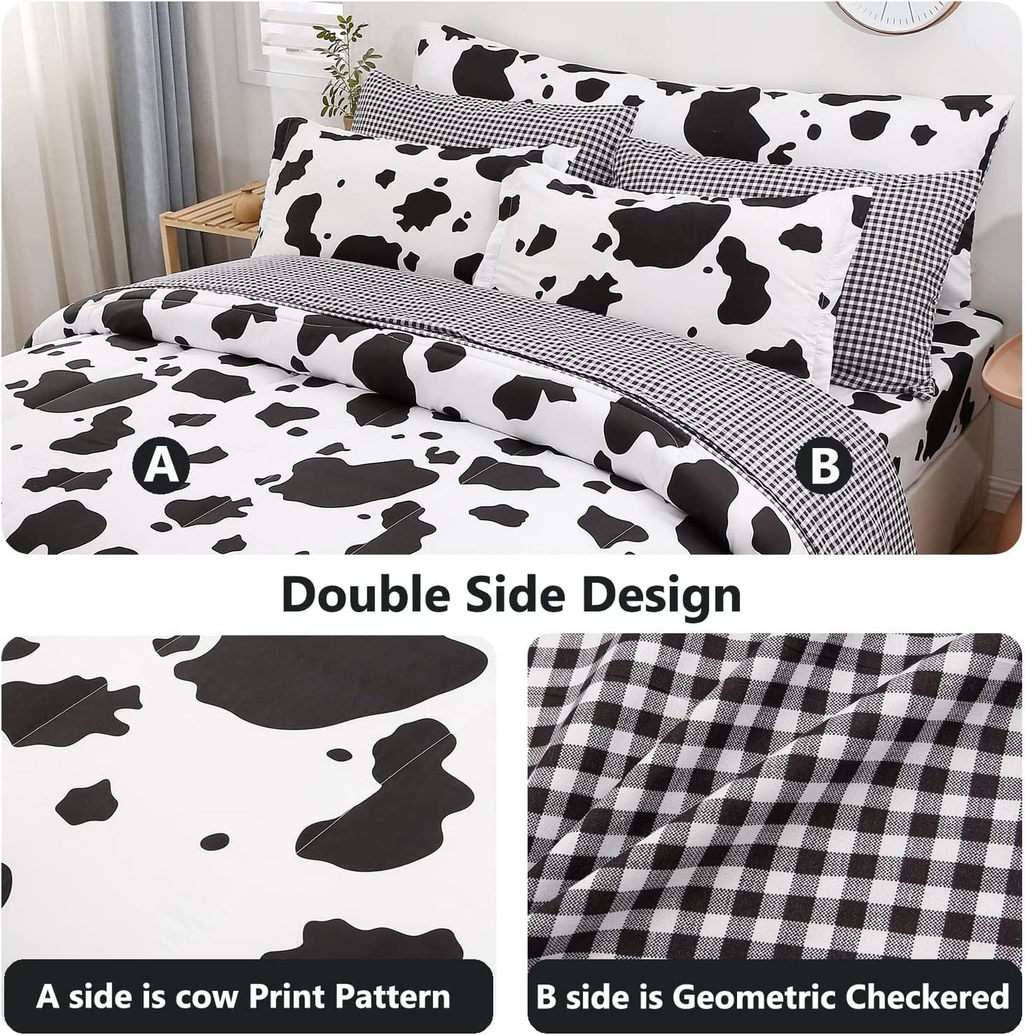 SUCSES Cow Print Full Size Comforter Sets, 8 Pieces Bed in A Bag Comforter Set with Sheets, Black and White Bedding Set for Kids Teens Boys Girls, Animal Print Cute Kid Full Size Bedding