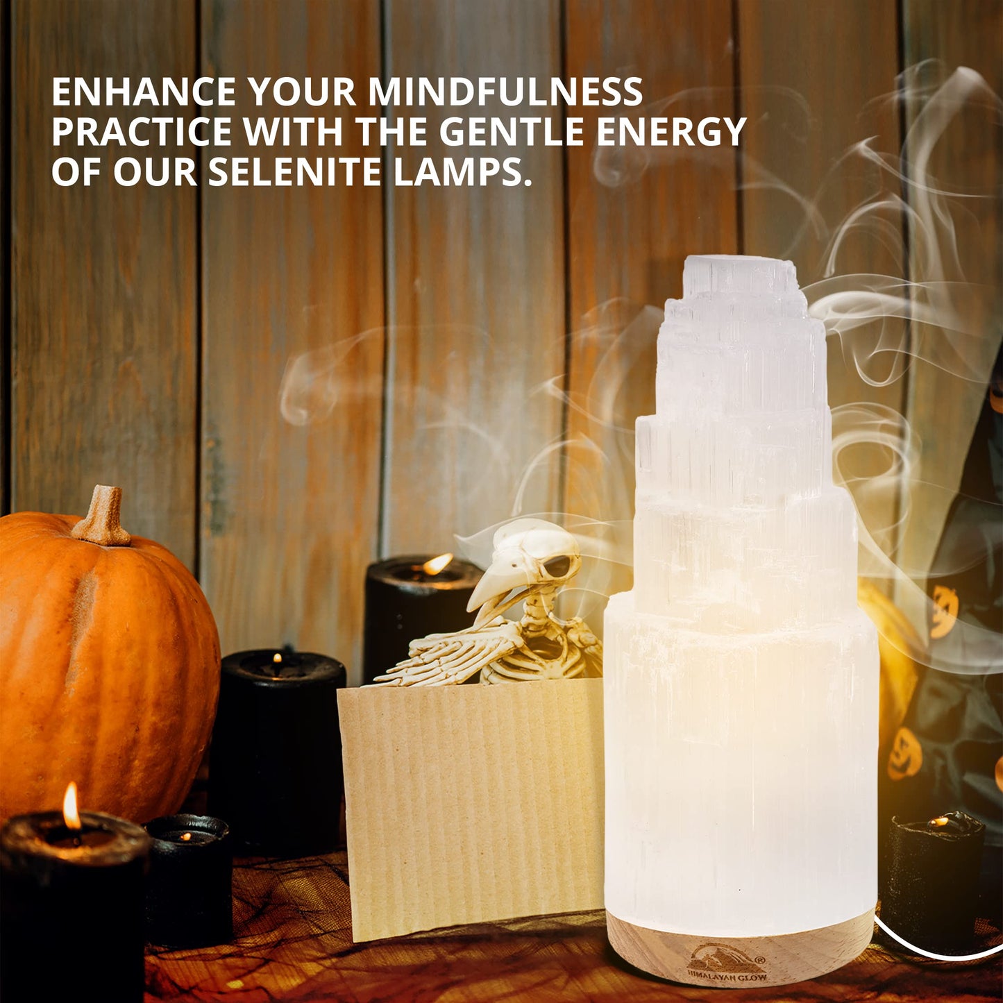 Himalayan Glow Selenite Crystal Lamp 20cm Large, Hand Curved Crystal Lamp with (ETL Certified) Wooden Base & USB Charging Cable for Home Décor - White