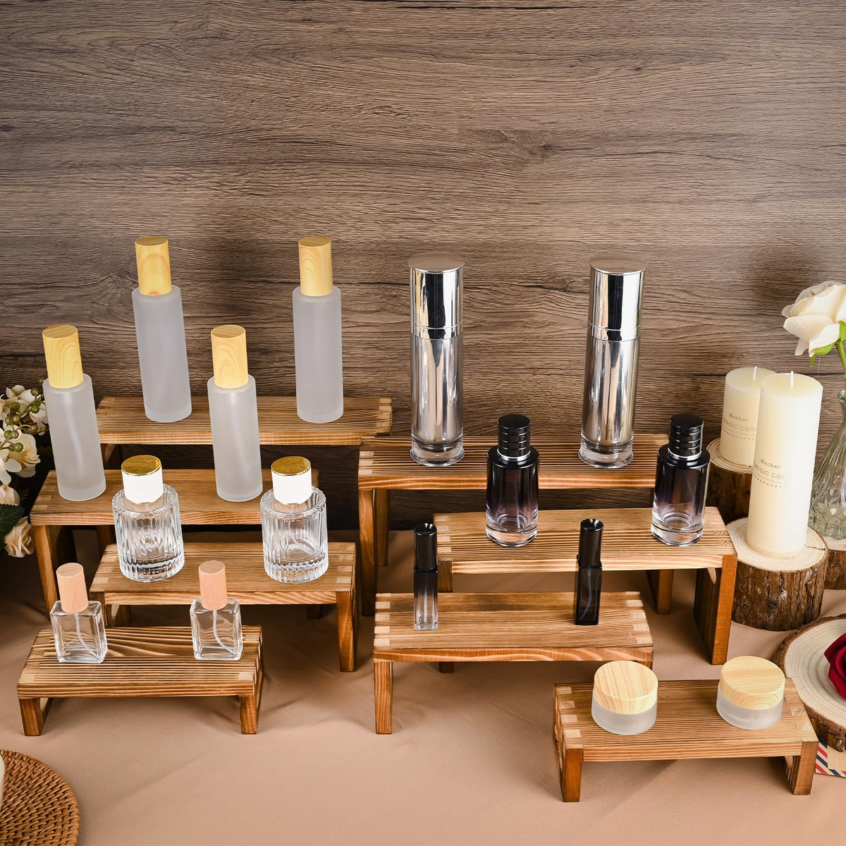 Luqvzxv 8 Pcs Wood Risers Display Stands, 2 Set Wooden Risers for Table Display, 4 Tier Rectangular Riser Display Stand Wooden for Cupcake, Desserts, Perfume, Collections, Jewelry Showcase
