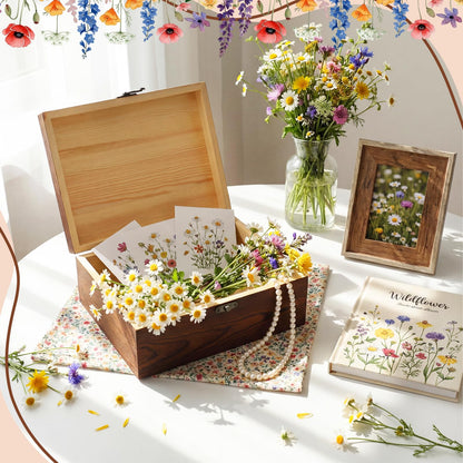 Gerrii Wildflower Wooden Keepsake Box Wedding Baby Shower Spring Flower Memory Storage Box with Buckle for Birthday Baby in Bloom Party(Wildflower Mix,Brown,11.02 x 8.86 x 4.92 Inches)