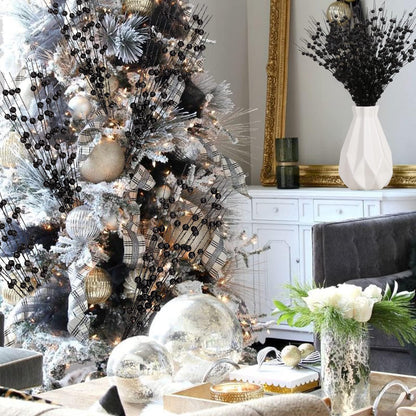 Megoogo 12 PCS Artificial Glitter Berry, Black Glitter Picks Artificial Berries Stems for Christmas Ornaments Fake Stem Decorative Sticks for Vases Tall DIY Wreath Halloween Decor