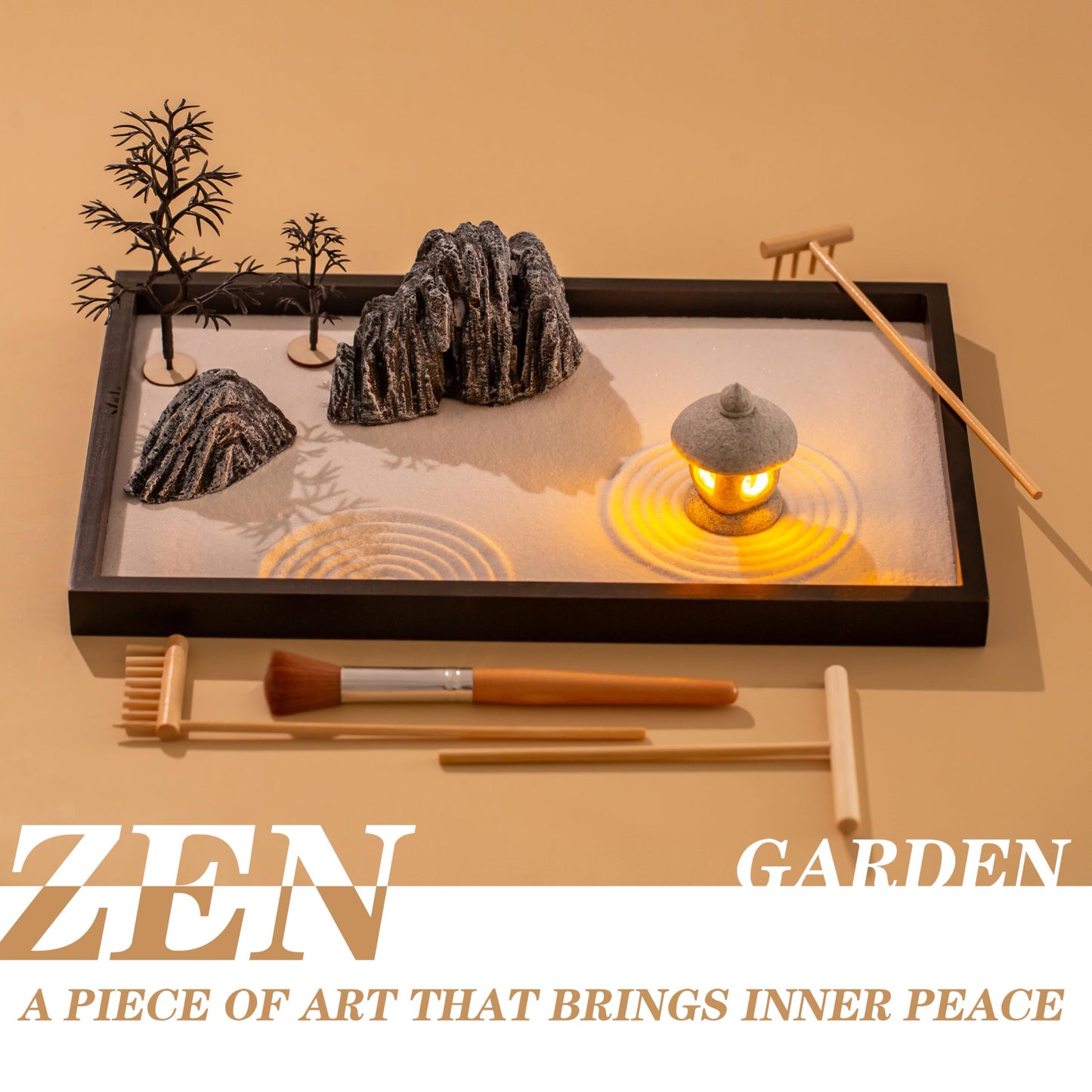 Cularve Illuminated Zen Garden for Desk, Sand Tray Therapy Kit with Glowing Stone Lantern, Japanese Zen Garden Kit, Stress Relief Gifts, Desk Decoration.