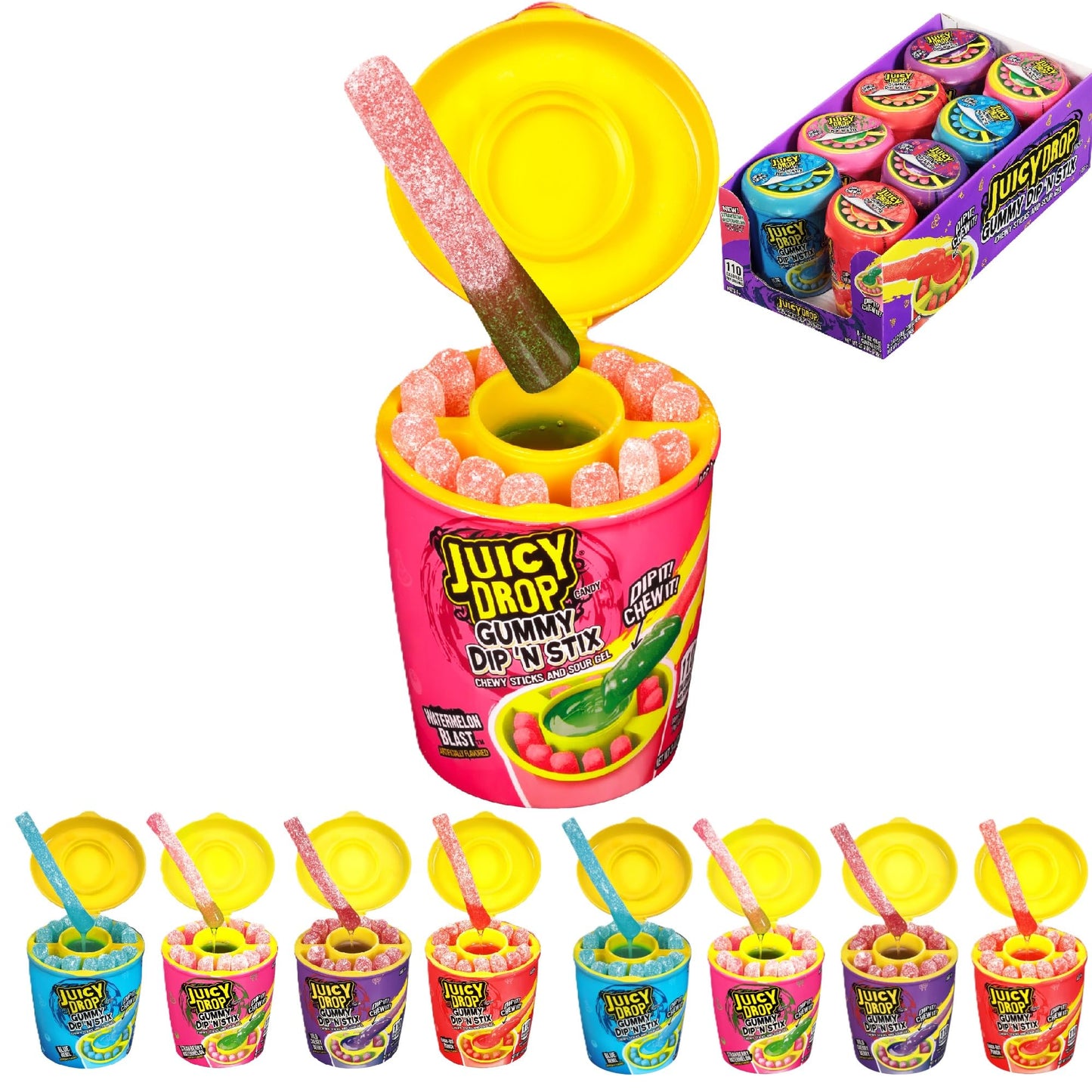 Juicy Drop Gummy Dip 'N Stix Assorted Halloween Candy Variety Pack, Sweet Gummy Sticks W/ Sour Dipping Gel, 8Ct, Sour Candy Pack for Party Favors, Trick or Treat, Halloween Bowls, Kids Gifts