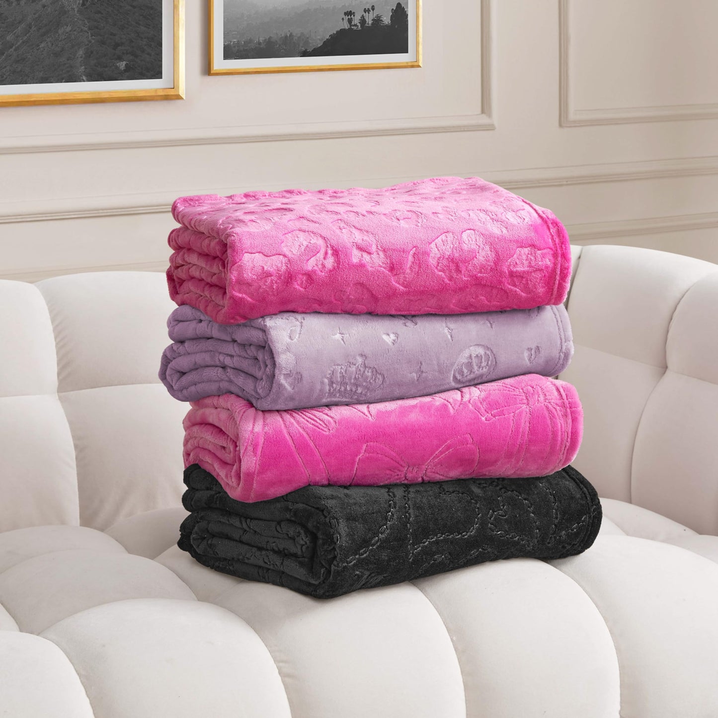 Juicy Couture Embossed Plush 60"x70" Oversized Throw Blanket, Emblem Toss Lavender Purple