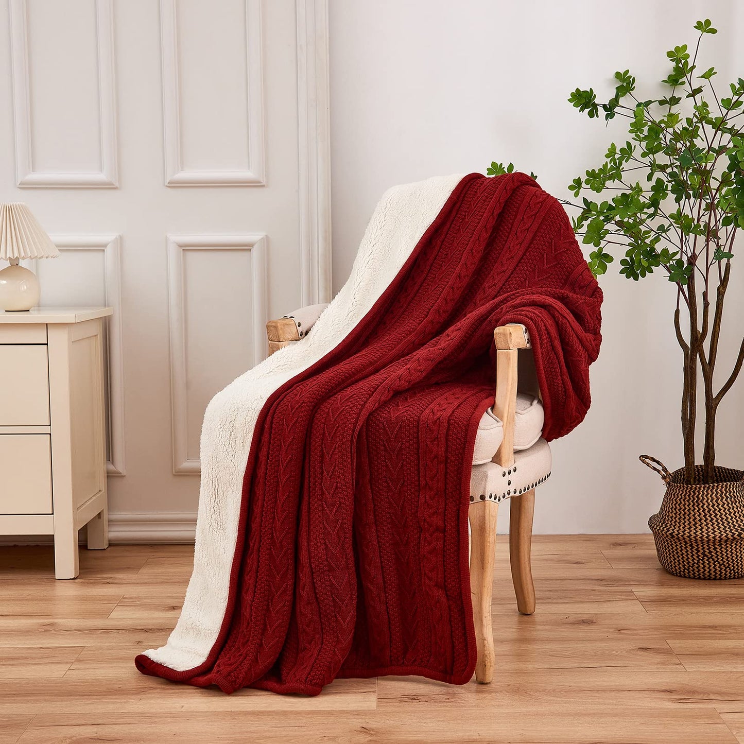 Longhui bedding Wine Red 50 x 63 Inches Acrylic Cable Knit Sherpa Throw Blanket - Thick, Soft, Big, Cozy Knitted Fleece Blankets for Couch, Sofa, Bed - Large Coverlet All Season, Burgundy Color