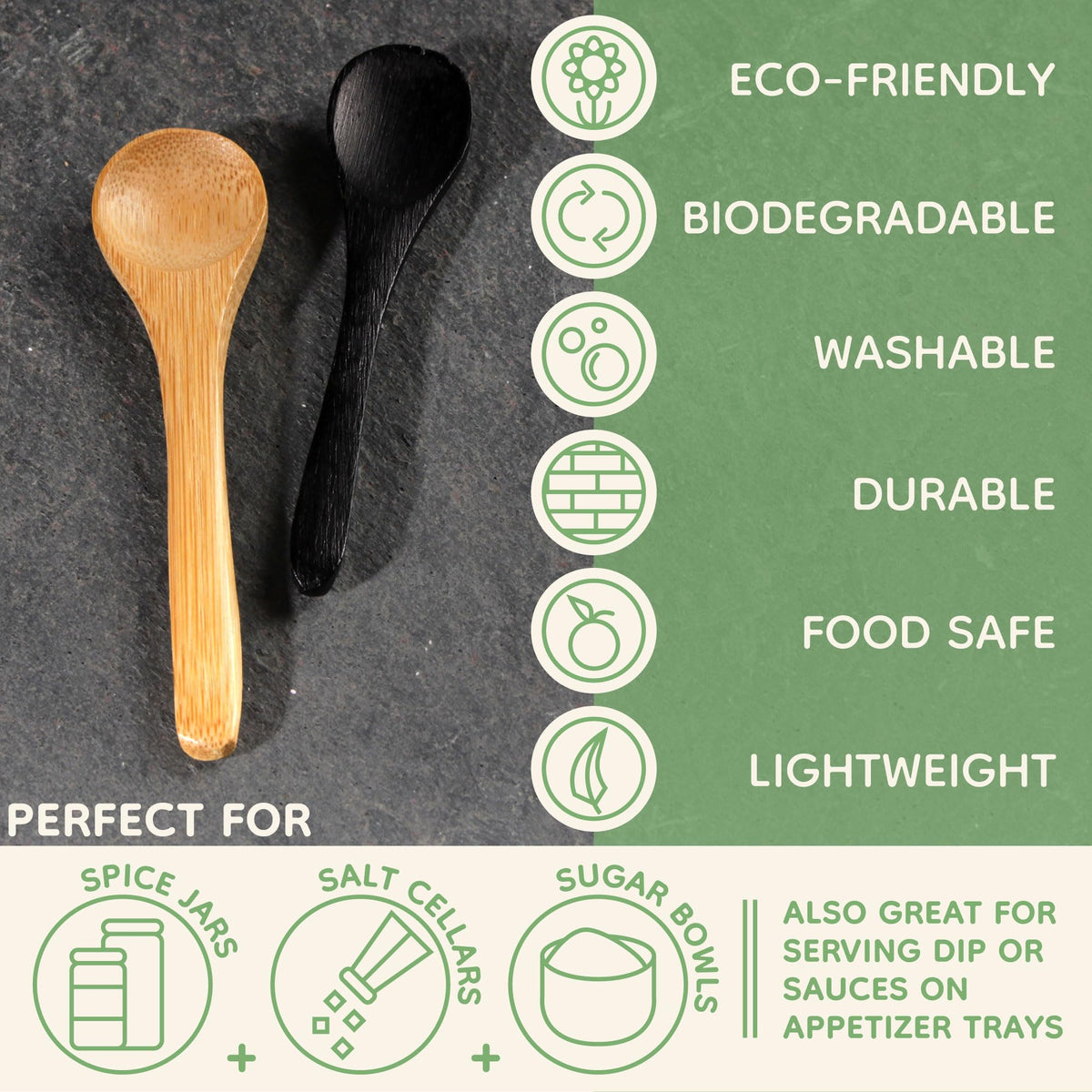 BambooMN Bamboo Serving Spoons, Mini Salt Sugar Spoon, Tiny Wooden Spoons for Spices, Carbonized Brown Round Head 3.5", 10 Pieces