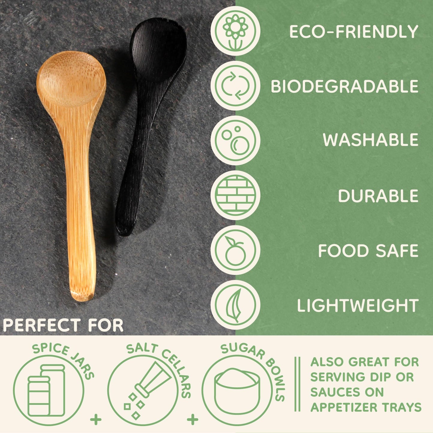 BambooMN Bamboo Serving Spoons, Mini Salt Sugar Spoon, Tiny Wooden Spoons for Spices, Black Oval 3.5", 10 Pieces