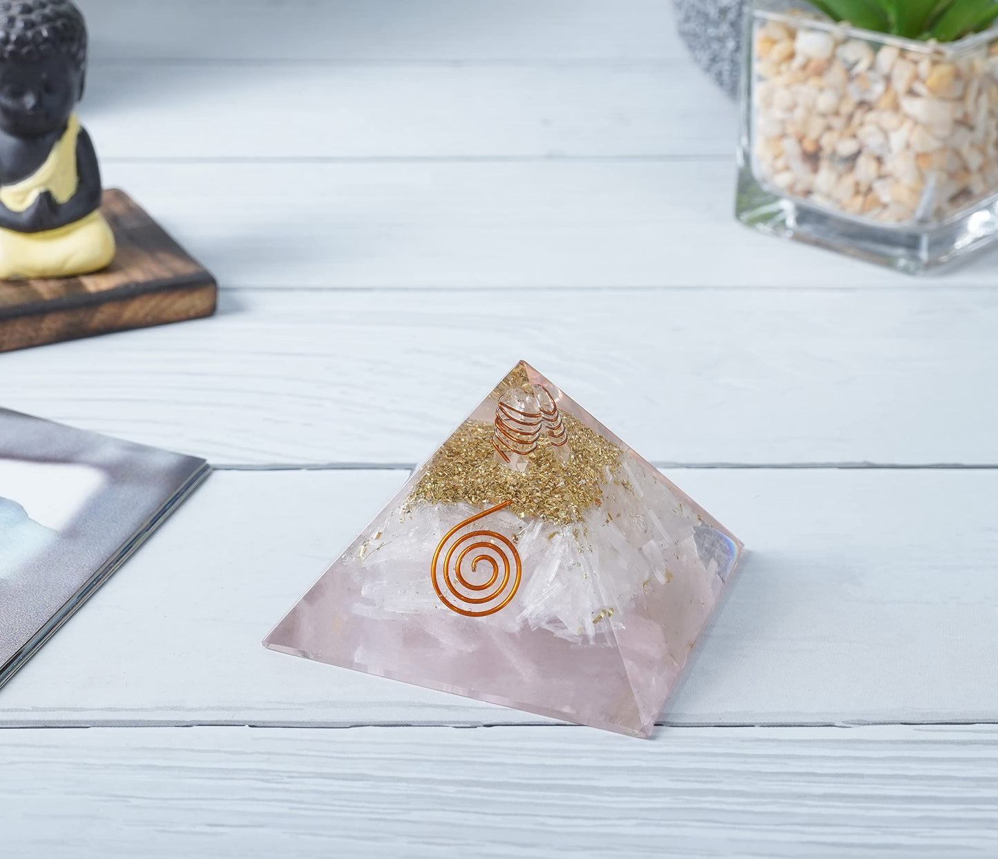 Crocon Selenite Orgone Pyramid Healing Crystals Stone Orgonite Gemstone Pyramid Stones Reiki Crystal Good Luck Charms Meditation Chakra Organite Home Decor Spiritual Gifts Size 2.5 Inch App.