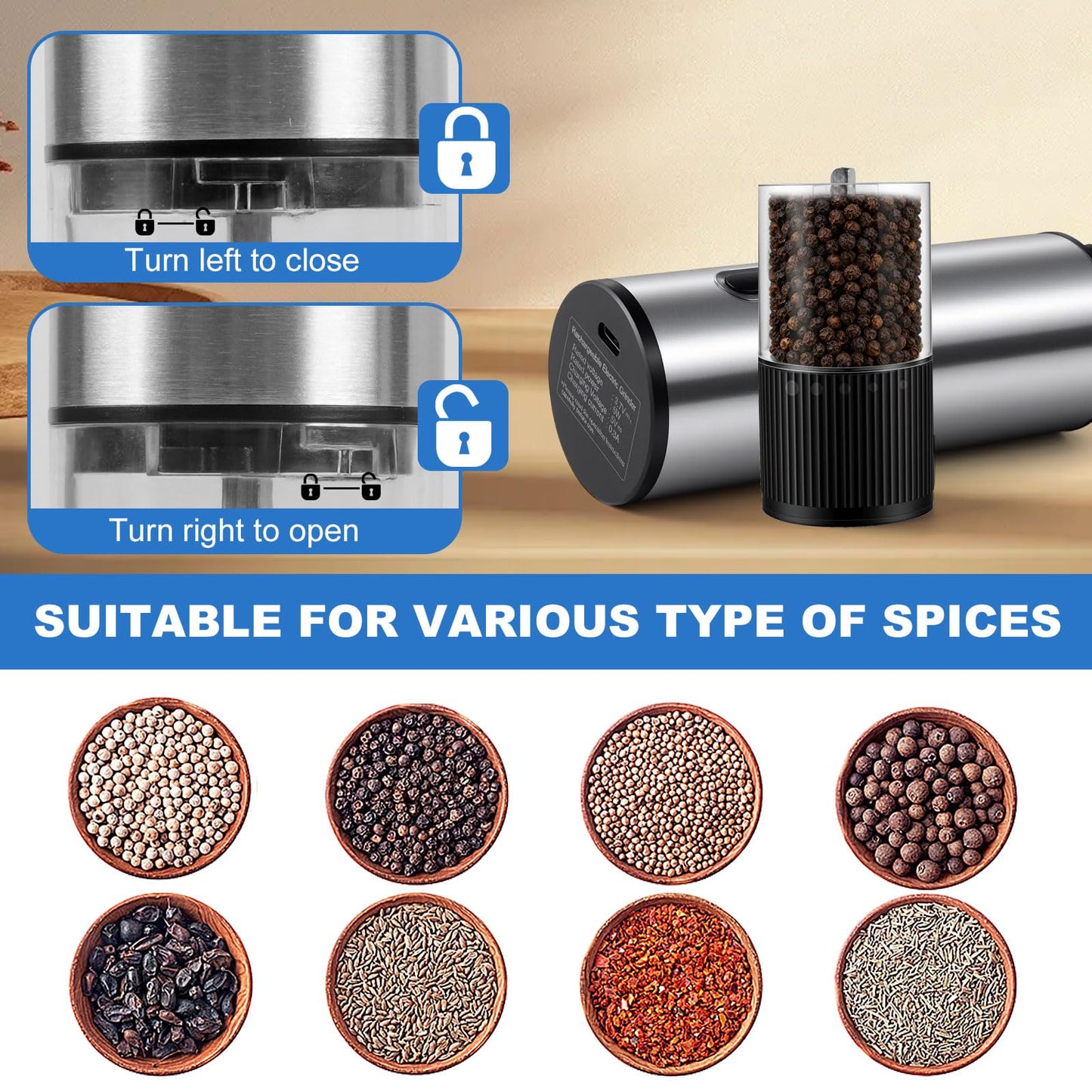 JXAVO 2 Pack Electric Salt and Pepper Grinder Set, Salt and Pepper Shakers with LED Light, USB C Dual Charging Base, Adjustable Coarseness, One-Hand Operation, Large Capacity for Kitchen, Dining & BBQ