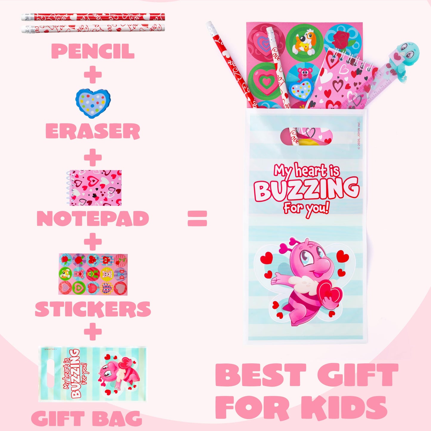 JOYIN 24packs Valentines Day Stationery Gifts, 96pcs Party Favor with Pencil, Erasers, Notebook & Bags for Kids School Classroom Exchange Supplies