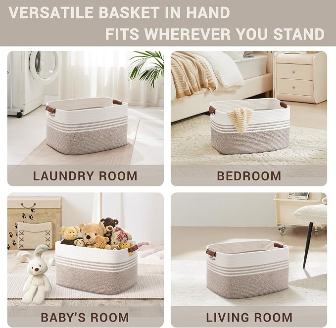 60L Large Laundry Basket with Leather Handles for Living Room Storage, Woven Rope Baskets Bin for Blanket, Kids Toy, Gifts, Wicker Hamper for Bedroom Dirty Clothes, White Brown