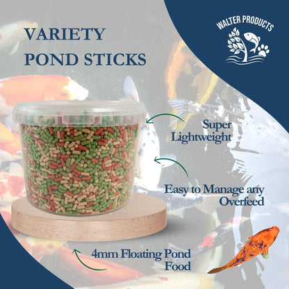 Walters Variety Sticks (5L Tub) | Pond Fish Food for Goldfish, Koi and all Cold Water Pond Fish | Nutritional Floating Fish Food Pond Sticks in Stay Fresh EasyTubs and Refill Bags
