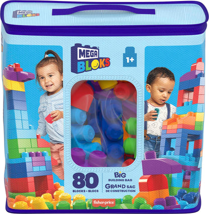 MEGA BLOKS Fisher-Price Toddler Block Toys, Big Building Bag with 80 Pieces and Storage, Blue, Gift Ideas for Kids Age 1+ Years, DCH63