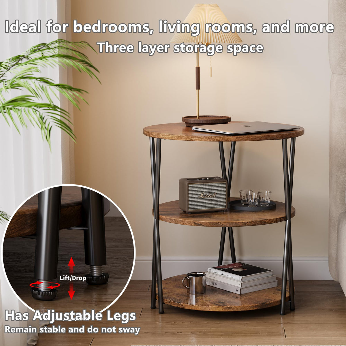 Lumbershed 23 Inch Round Side Table 3-Tier End Table Living Room Small Patio Table Nightstands Round Coffee Table Spacious Top for Couch Bedroom 3 Storage Shelves Accent Coffee Table, Rustic Brown
