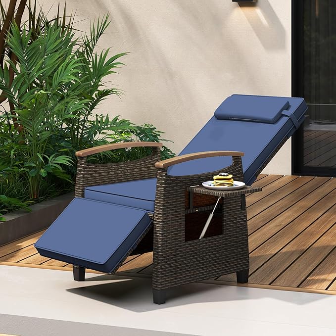 RELAX4LIFE Rattan Outdoor Recliner Chair - Wicker Chaise Lounge Chair w/Adjustable Back & Footrest, Acacia Wood Armrests, Flip Side Table, Cushion, Reclining Patio Chair for Pool Yard (1, Navy)