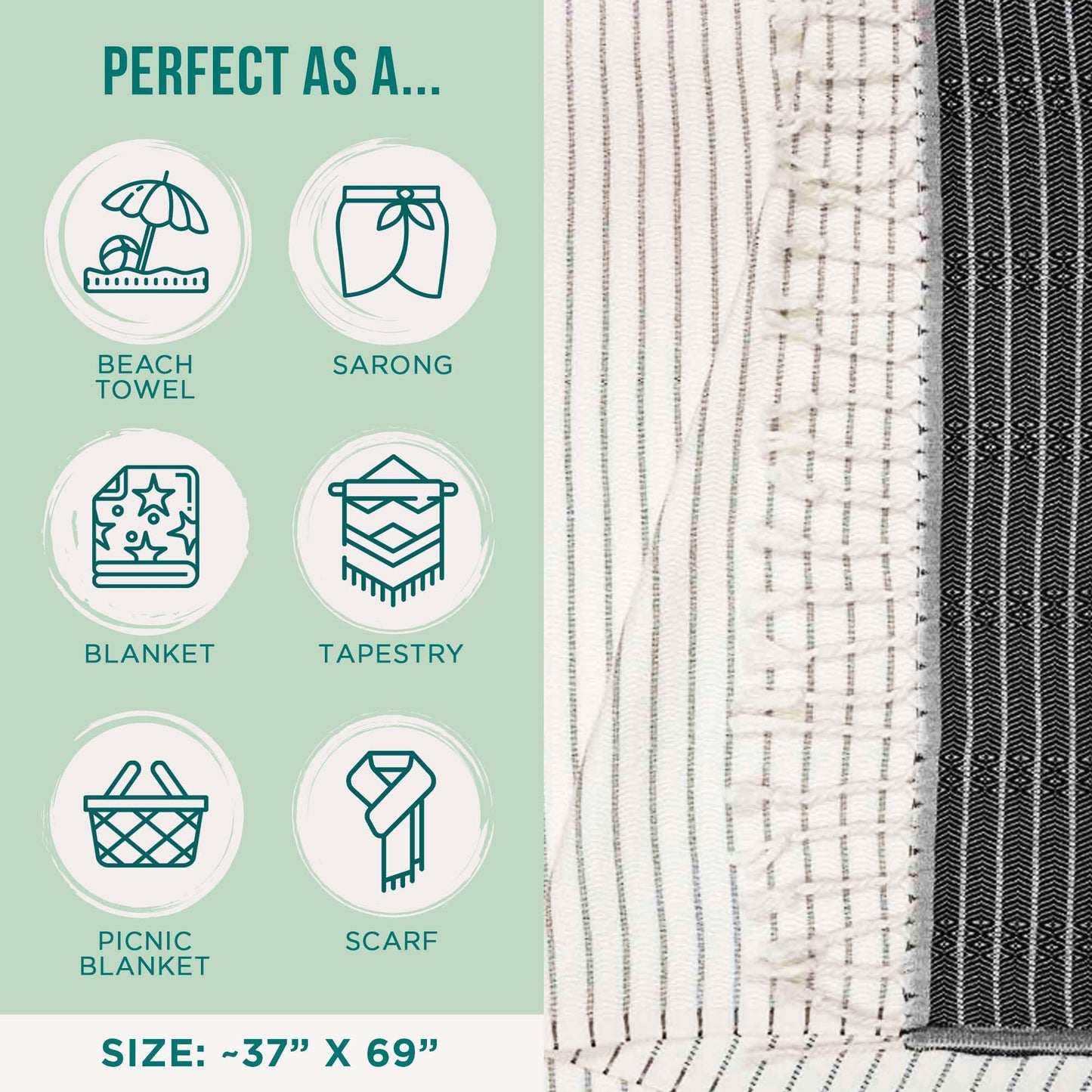 Sand Cloud Turkish Beach Towel - Sand Resistant - Fast Drying -100% Certified Organic Turkish Cotton Yarn - Great for Beach Bath or as a Blanket - As Seen on Shark Tank - Letoon (Black)