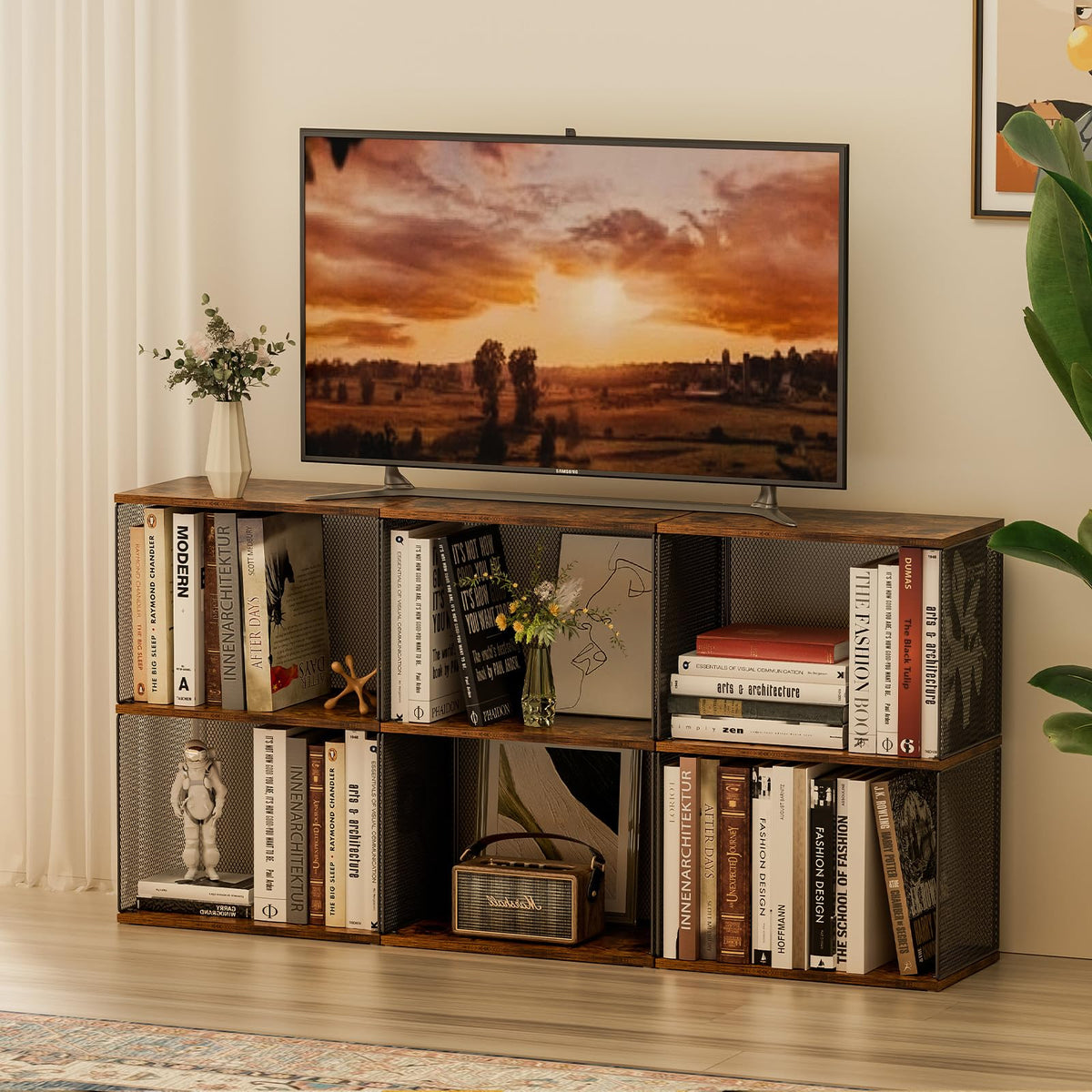 Dmevkic Small Bookshelf 2 Tiers Bookshelf for Small Spaces DIY Variable Stackable Cube Storage Organizer for Kid Bedroom,Living Room, Black Brown Wooden,2 Tiers Non-Detachable