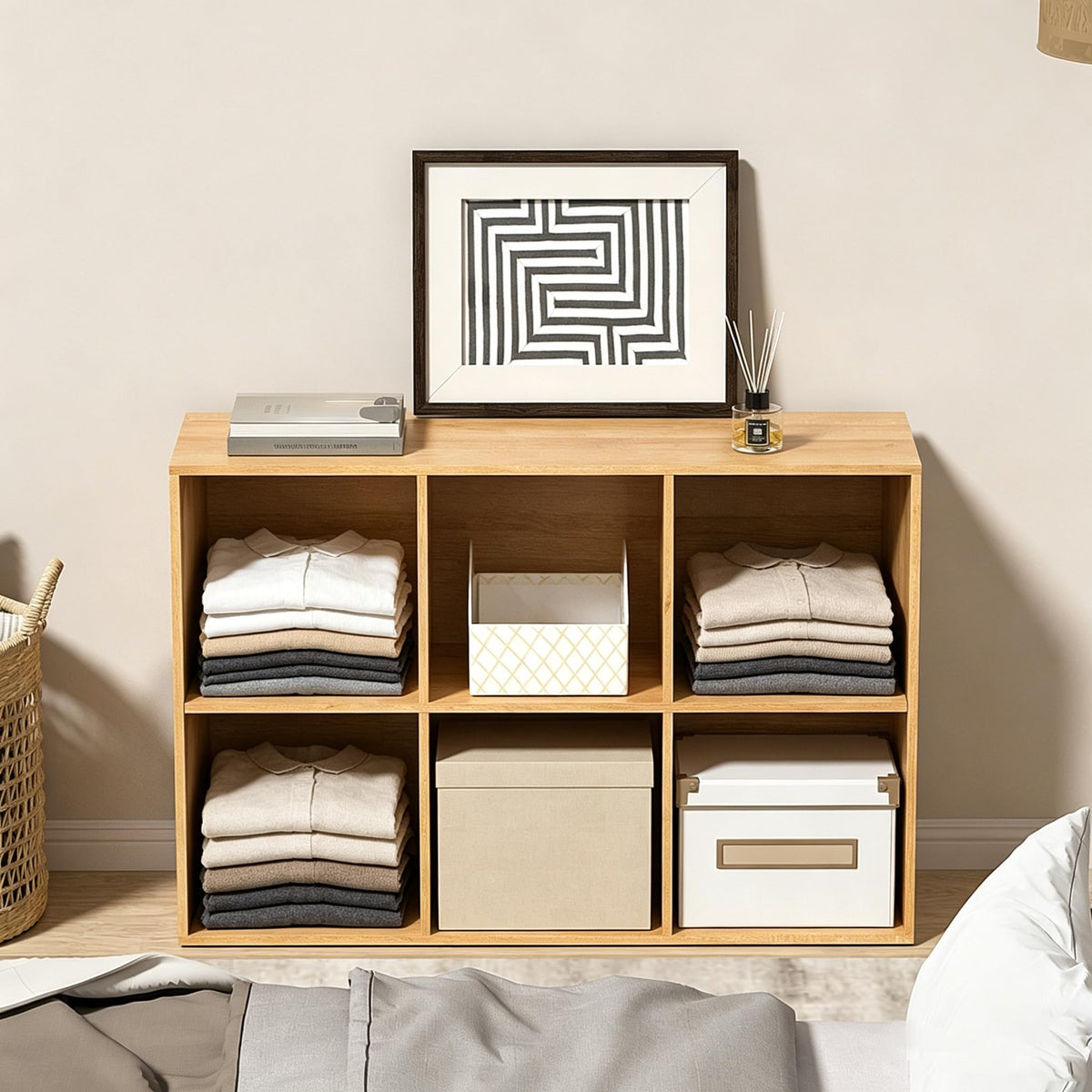 NewBeth Wooden 6 Cube Storage Organizer with Closed Back Panel,Natural Oak Cube Shelf Cubby Storage Organizer with Compartments for Living,Bookshelf, Easy to Install (Oak, 6 Cube-11in)