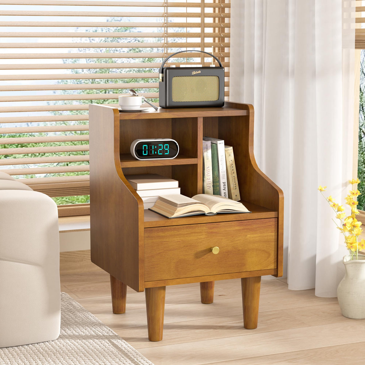 Solid Wood Nightstand, Walnut Bookshelf Nightstand with Open Storage Shelves, Mid Century Modern Night Stand with Drawer, Bedside Table for Bedroom