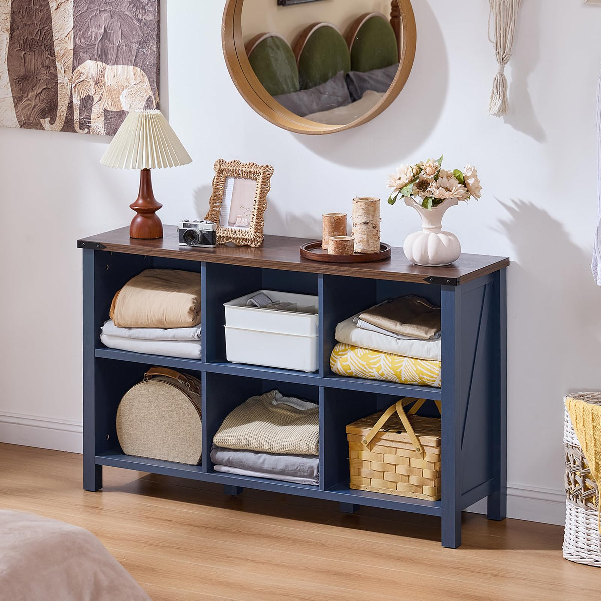 Joaxswe 6 Cube Bookcase, Farmhouse Wood Low Storage Organizer Book Shelf, 47" Horizontal Navy Blue Console Bookshelf with Legs, Hallway Book Case for Entryway, Display Cabinet for Living Room, Office
