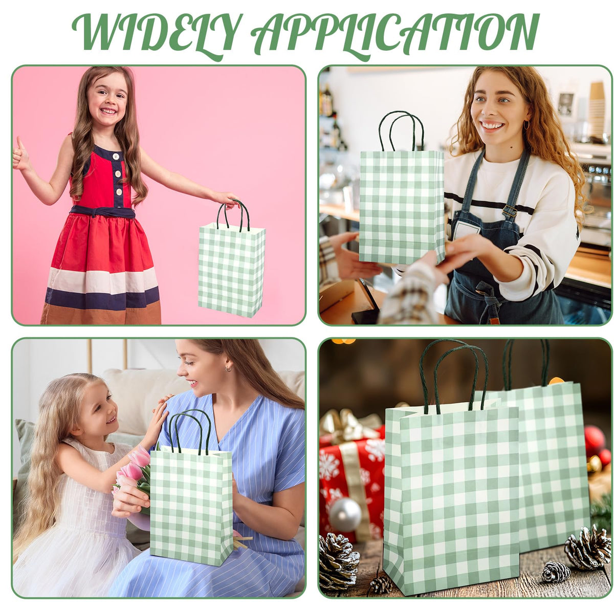Chinco 30 Pcs Sage Green Gingham Paper Gift Bags Bulk with Handles, Candy Goodie Plaid Bags for Party Favors Supplies, Christmas, Birthday, Baby Shower, Wedding, Candy, Cookies, Gifts