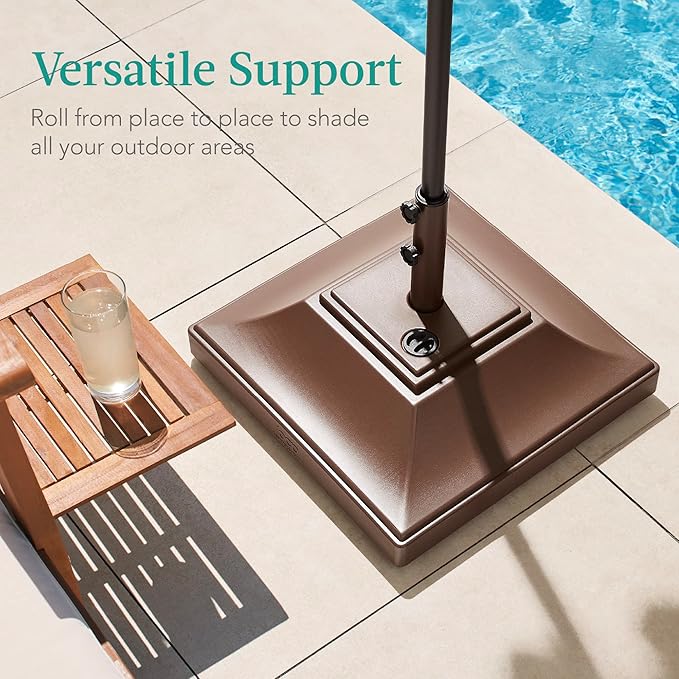 Best Choice Products Fillable Mobile Umbrella Base, Heavy Duty Base, Square Tiered Market Stand for Patio, Deck, Outdoor w/ 4 Wheels, 2 Locks, 2 Knobs, 120lb Capacity - Brown