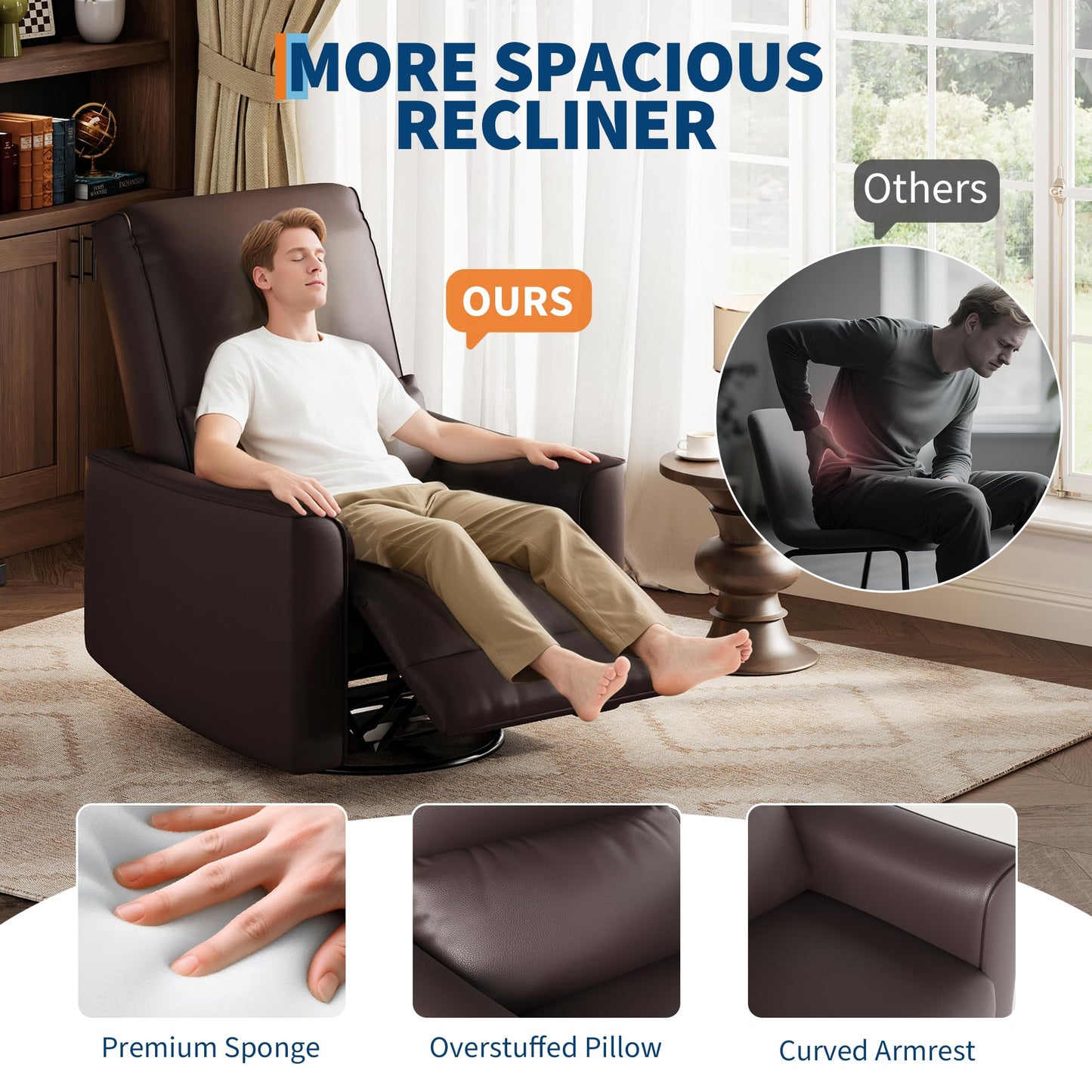 Garvee 360° Swivel Rocking Recliner Glider Chair – High-Back PU Leather Deep Seat Manual Recliner for Nursery, Living Room, Bedroom & Home Theater