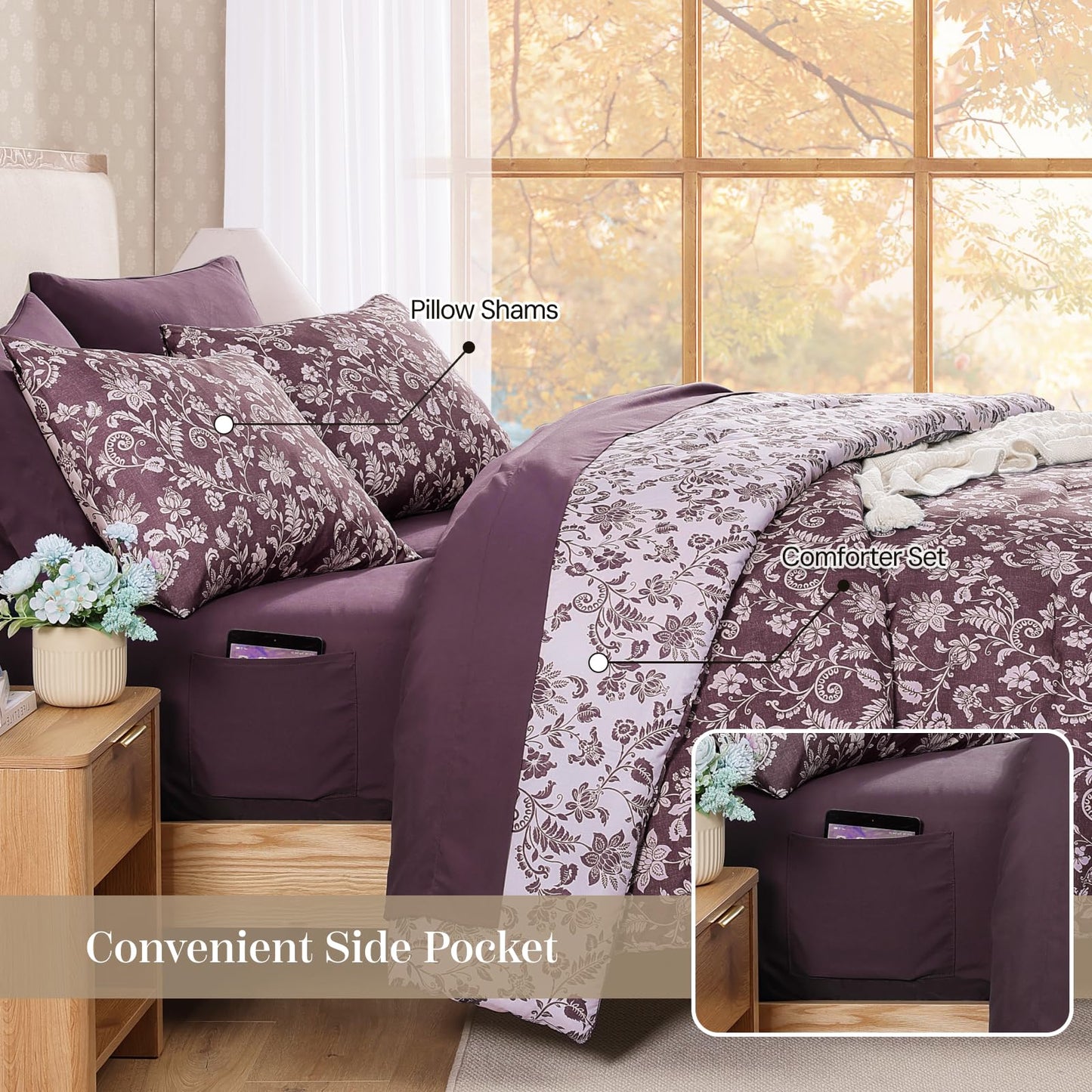 BLOOMHAVEN Queen Comforter Set -7 Pieces Floral Dark Purple Comforter Set for All Seasons, Bed in a Bag Queen with Botanical Flowers Comforter, Sheets, Pillowcases & Shams