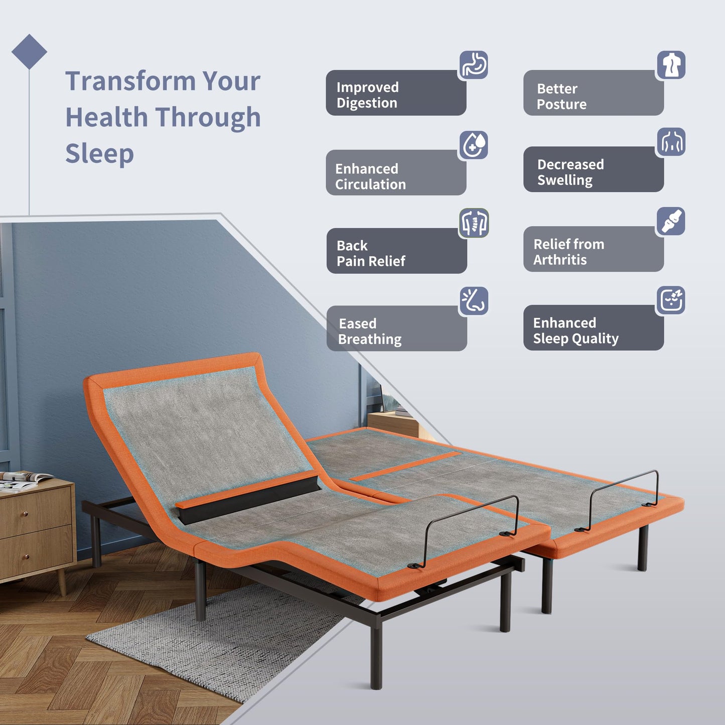 ESHINE Adjustable Bed Frame + 14 inch Hybrid Matt, Lumbar Support, Head-Pillow-Tillt, Smart App Control, Wireless Remote, Dual USB Port, 6000 Series, Split King