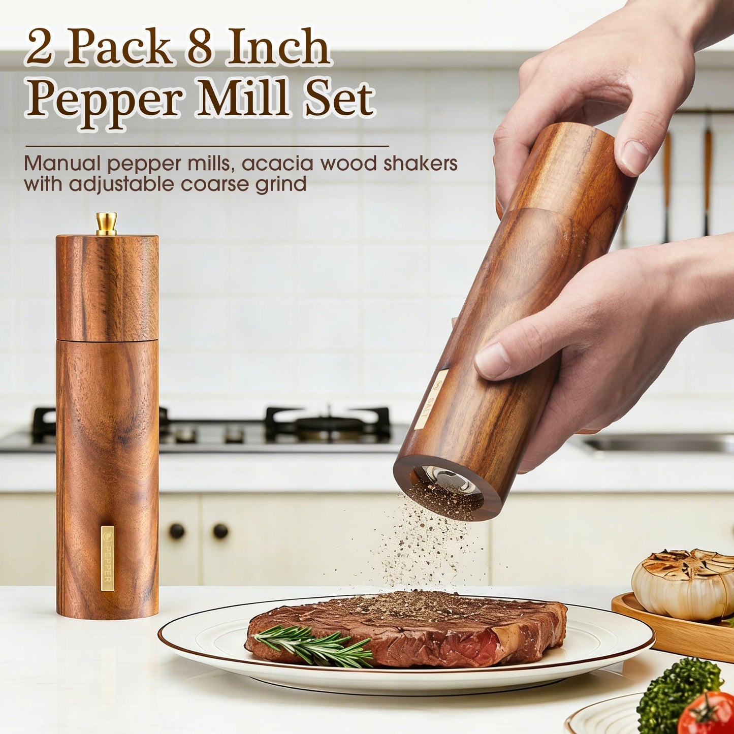2 Pack Acacia Wooden Salt and Pepper Grinder Set with Gold Label, Premium 8 Inches salt and pepper shakers, Manual Wood Grinders with Adjustable Coarseness Ceramic Core, Ideal for Kitchen Home Gift