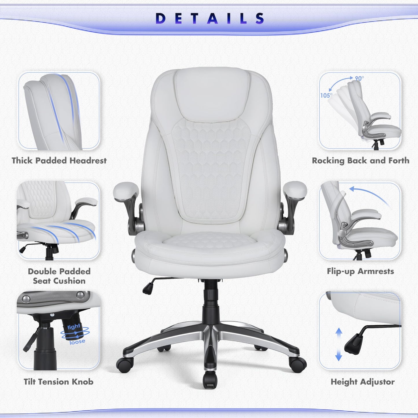 COLAMY Executive Office Chair-Ergonomic Computer Desk Chair, High Back Leather Chair with Padded Flip-up Arms, Swivel Home Office Chair Upgraded Caster, White