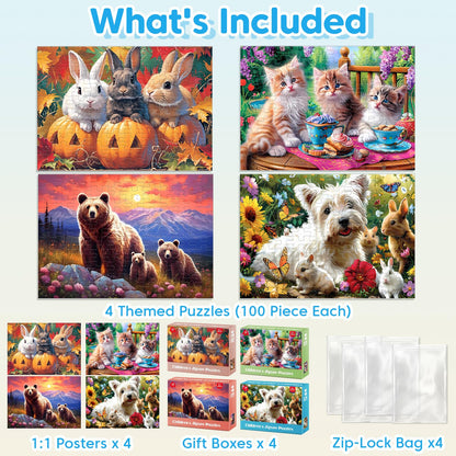 Jeacirio 4 Packs 100 Piece Puzzles for Kids Ages 4-6 - Lovely Animals Large Piece Jigsaw Puzzles for Seniors Educational Toys Gifts Kids Puzzle for 4 5 6 7 8 9 Year Olds Boys Girls