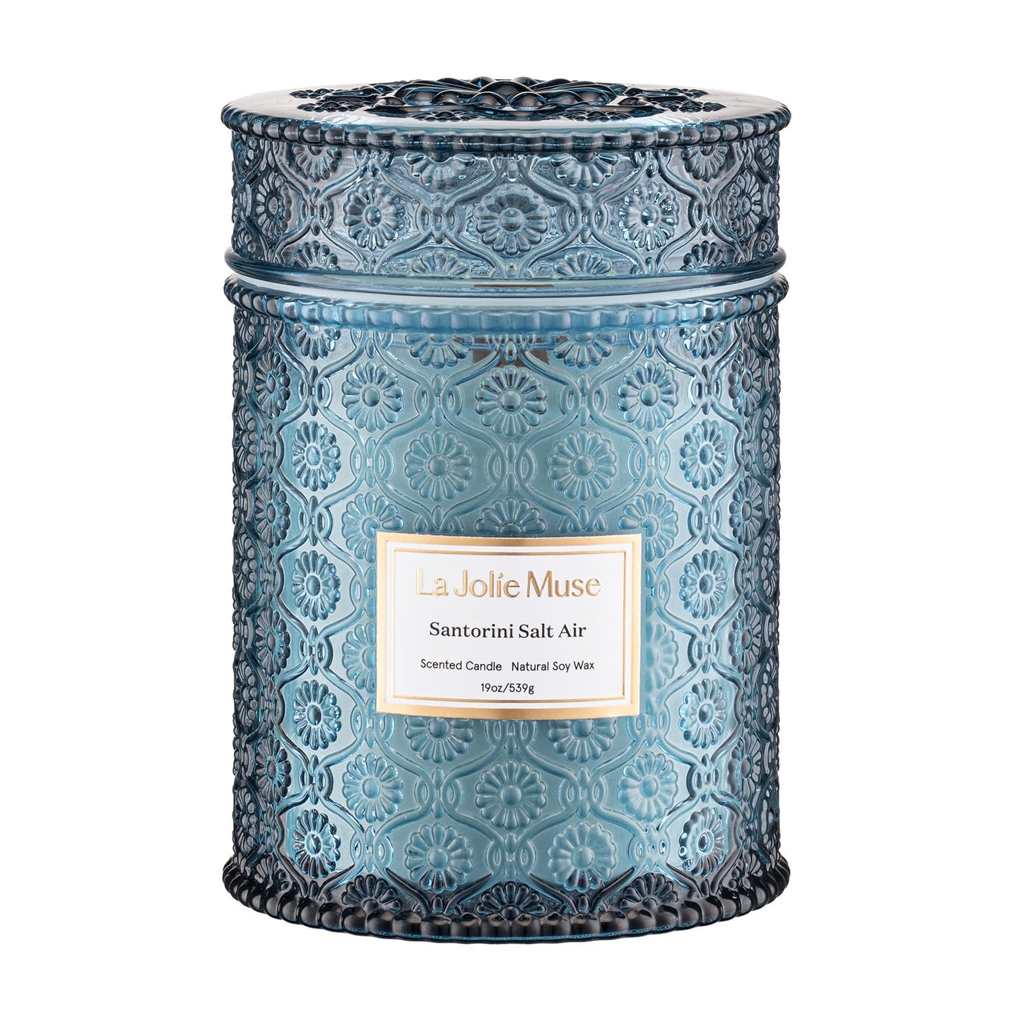 LA JOLIE MUSE Santorini Salt Air Scented Candle for Home | 19 oz Non Toxic Natural Soy | Large Blue Jar Candle | Summer Ocean Candle | Luxury Gifts for Women & Men | Wood Wick