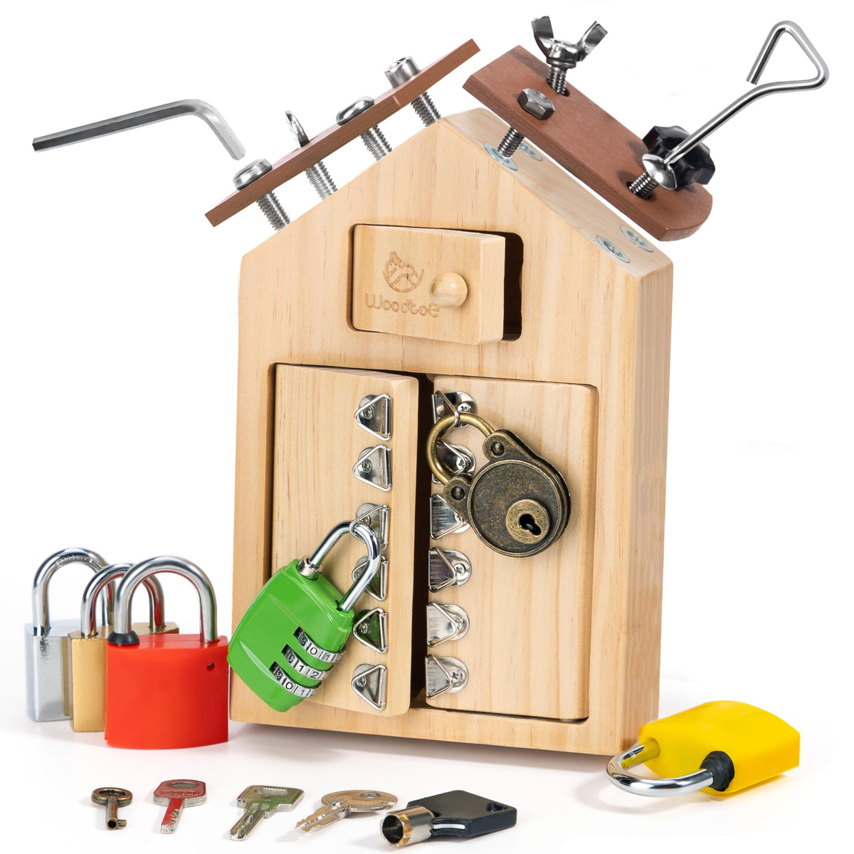 Woodtoe Montessori Screwdriver Board with Lock and Key Toy, Wooden Montessori Toys for Kids 3 4 5 Year Old, Toddler Fine Motor Skills STEM Toy, Preschool Sensory Learning Birthday Gifts for Boys Girls