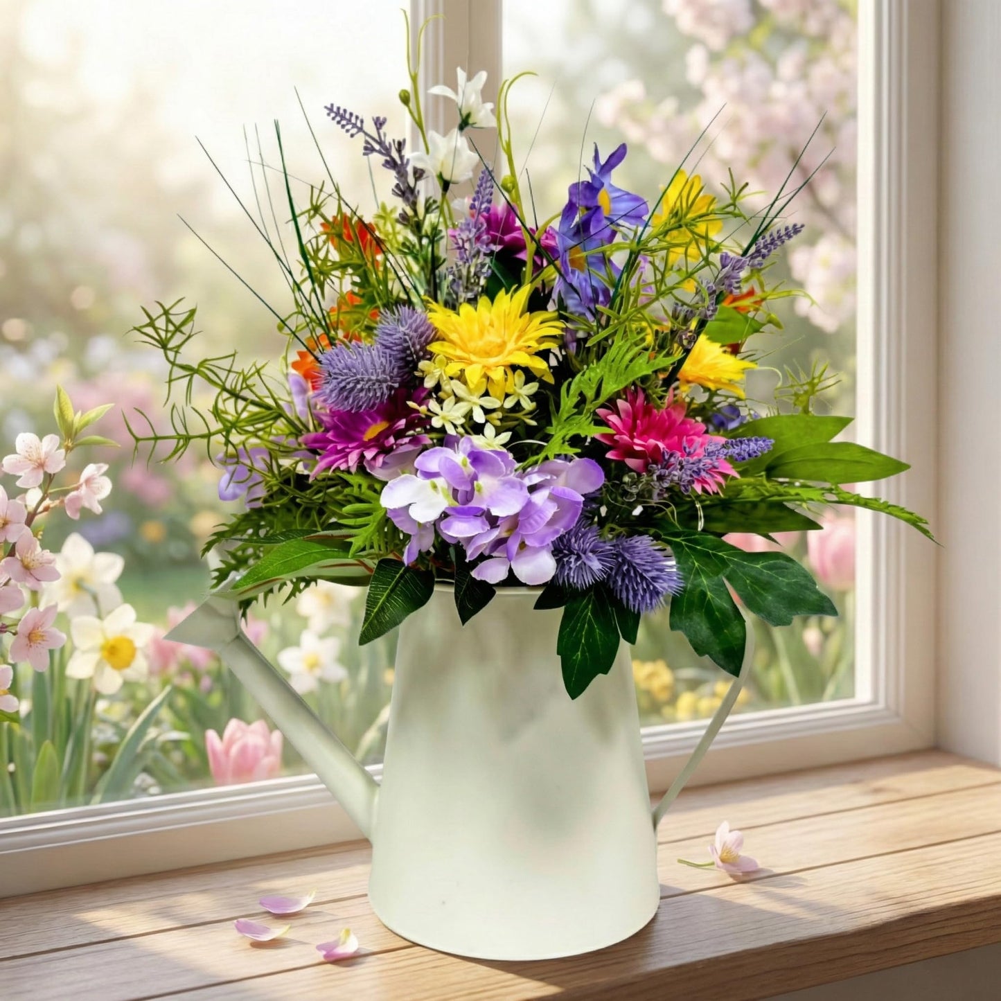 Lnymura 14 Inch Farmhouse Floral Centerpiece in Watering Can, Lighted Spring Summer Wildflower Arrangement with Timer Daisies for Table Decor Home and Kitchen