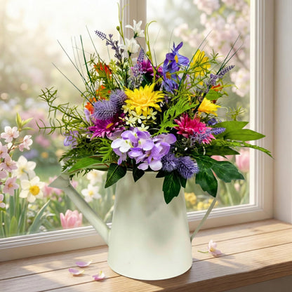 Lnymura 14 Inch Farmhouse Floral Centerpiece in Watering Can, Lighted Spring Summer Wildflower Arrangement with Timer Daisies for Table Decor Home and Kitchen