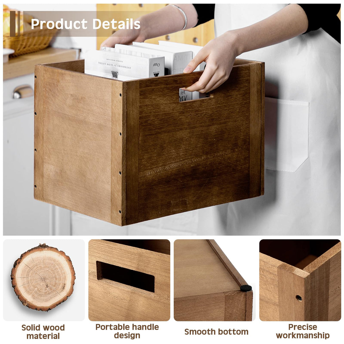 Menkxi 4 Pcs Stackable Wood Storage Cube for Shelves Closet Wooden Bins Box Wood Crates Storage Baskets Container for Toy Books Clothes Home Office, Dark Brown(14 x 10 x 10 Inch)
