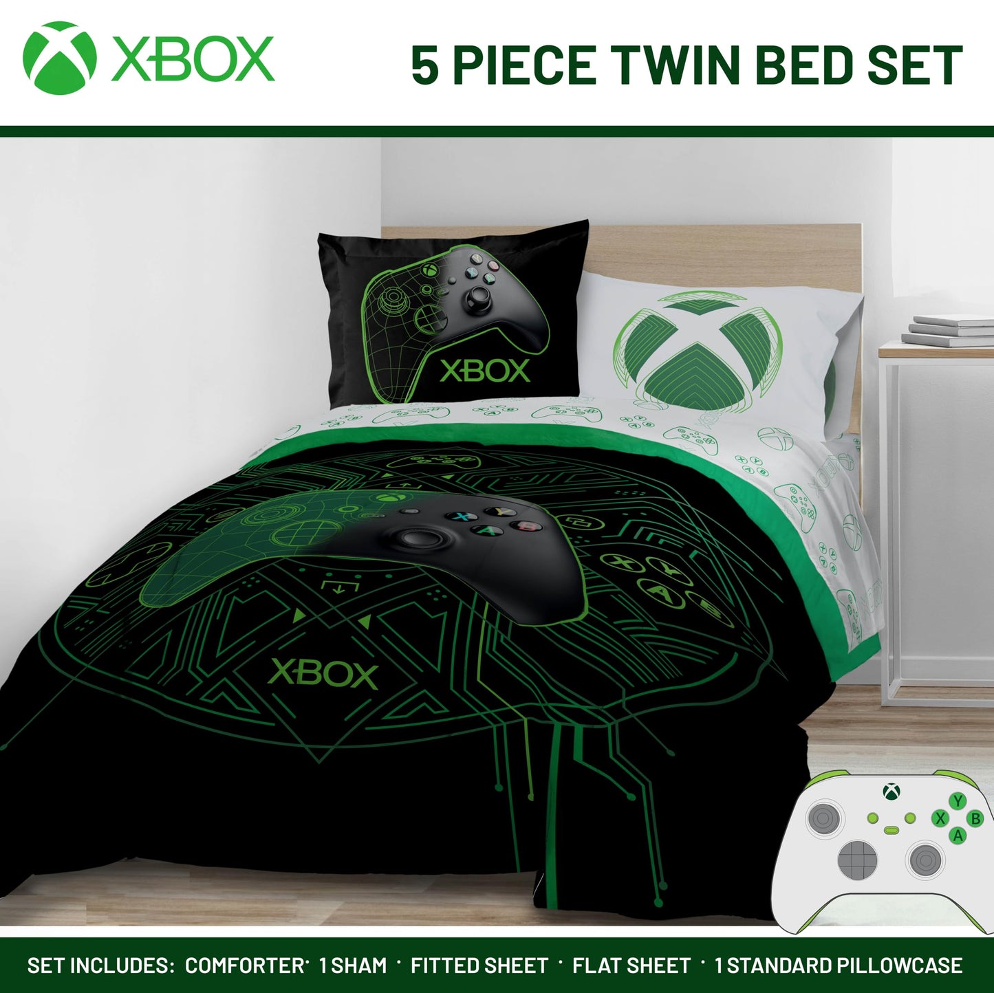 Jay Franco Kids Comforter Set Includes Sheets and Pillow Covers - Soft and Cozy Bed Set for Stylish Room Decor, Official Licensed Product, White - Xbox, 5 Piece Twin