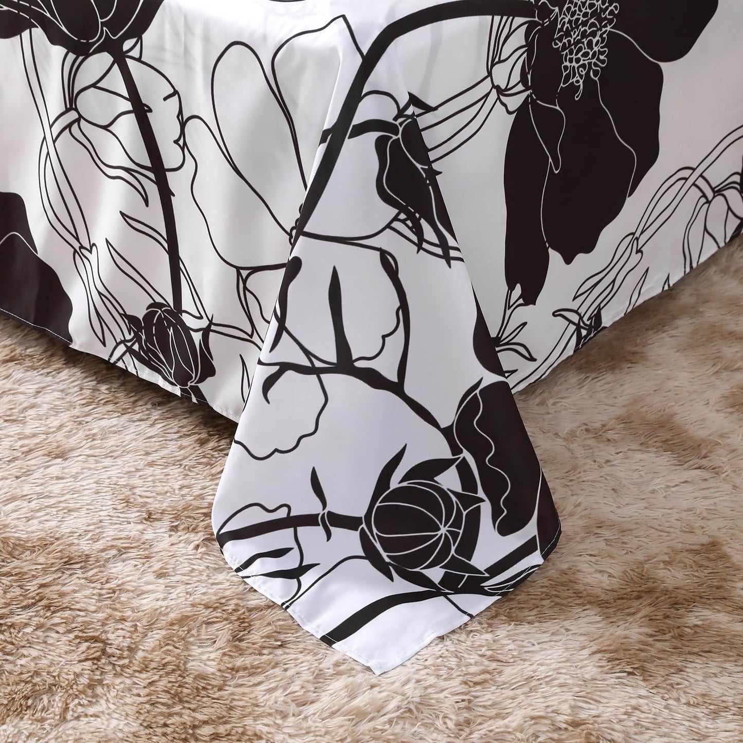 INTOMENG Black and White Floral Sheets Queen Flower Aesthetic Bed Sheets Full Soft Deep Pocket Queen Sheet Set - 1pc Flat Sheet, 1pc Fitted Sheet, 2pc Pillowcases Flowers Ultra Soft