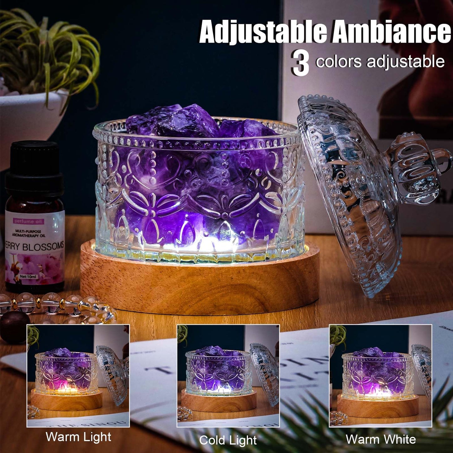 Runyangshi Amethyst Crystal Lamp Night Light - Natural Dream Amethyst Crystal Stone, 3 Lighting Modes with 10 Brightness Levels, Kid & Pet Friendly Design, USB Powered, Ideal for Home and Decor & Gift