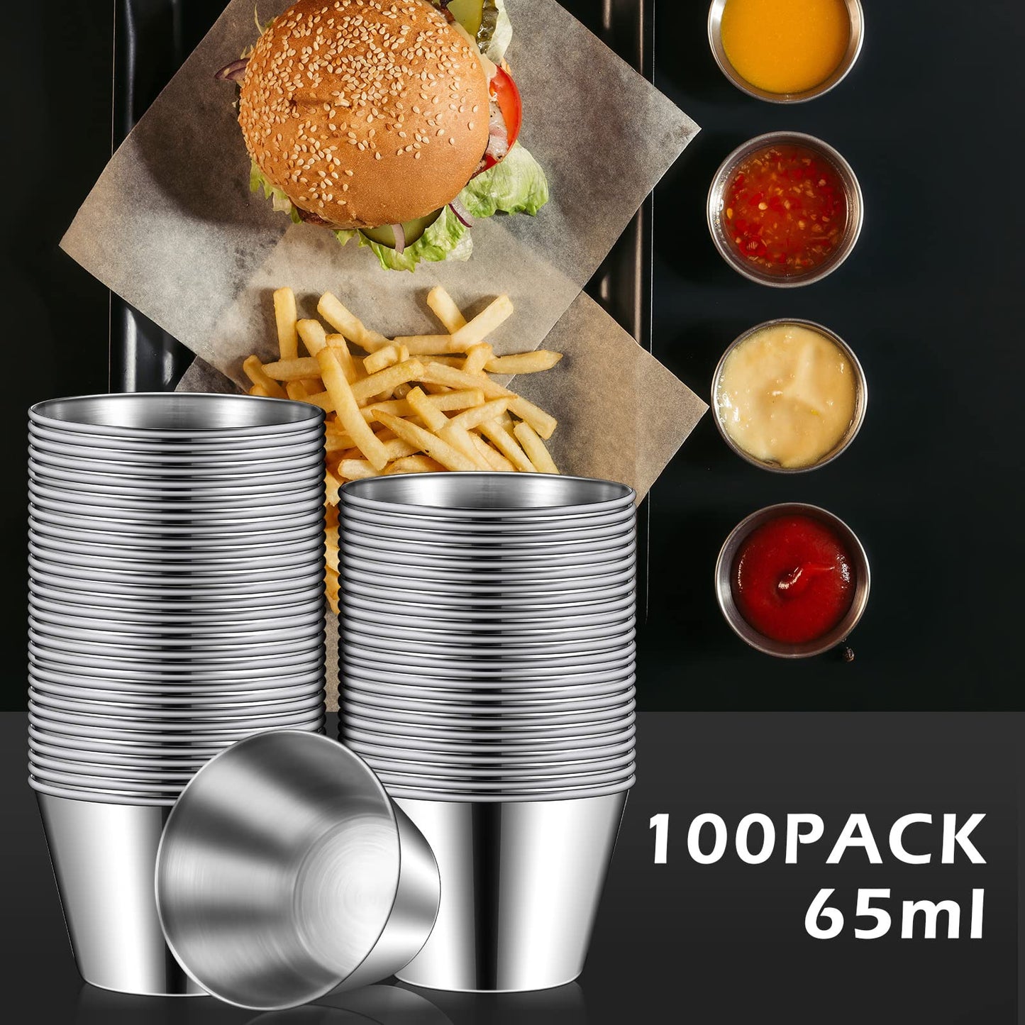 Mimorou 100 Pcs 2.5oz Metal Ramekins Stainless Steel Sauce Dipping Cups Ramekins Bulk Sauce Container Round Dipping Bowls Condiment Cup for Dish Butter Kitchen Restaurant Serving Party Dinner Cooking