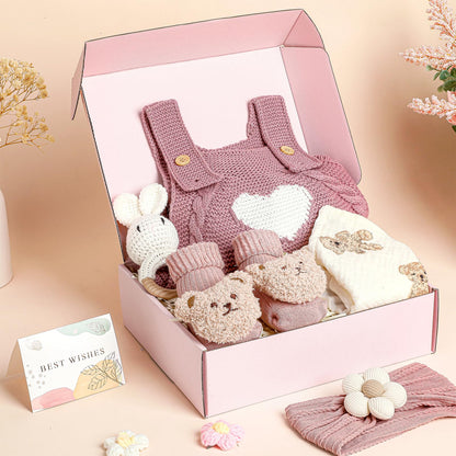 Gift Set for Newborn Shower Gifts Basket Pink New Born Essentials with Knitted Sweater Infant Rattle Socks Bear Blanket Flower Headband Greeting Box for Babies Gender Reveal Party