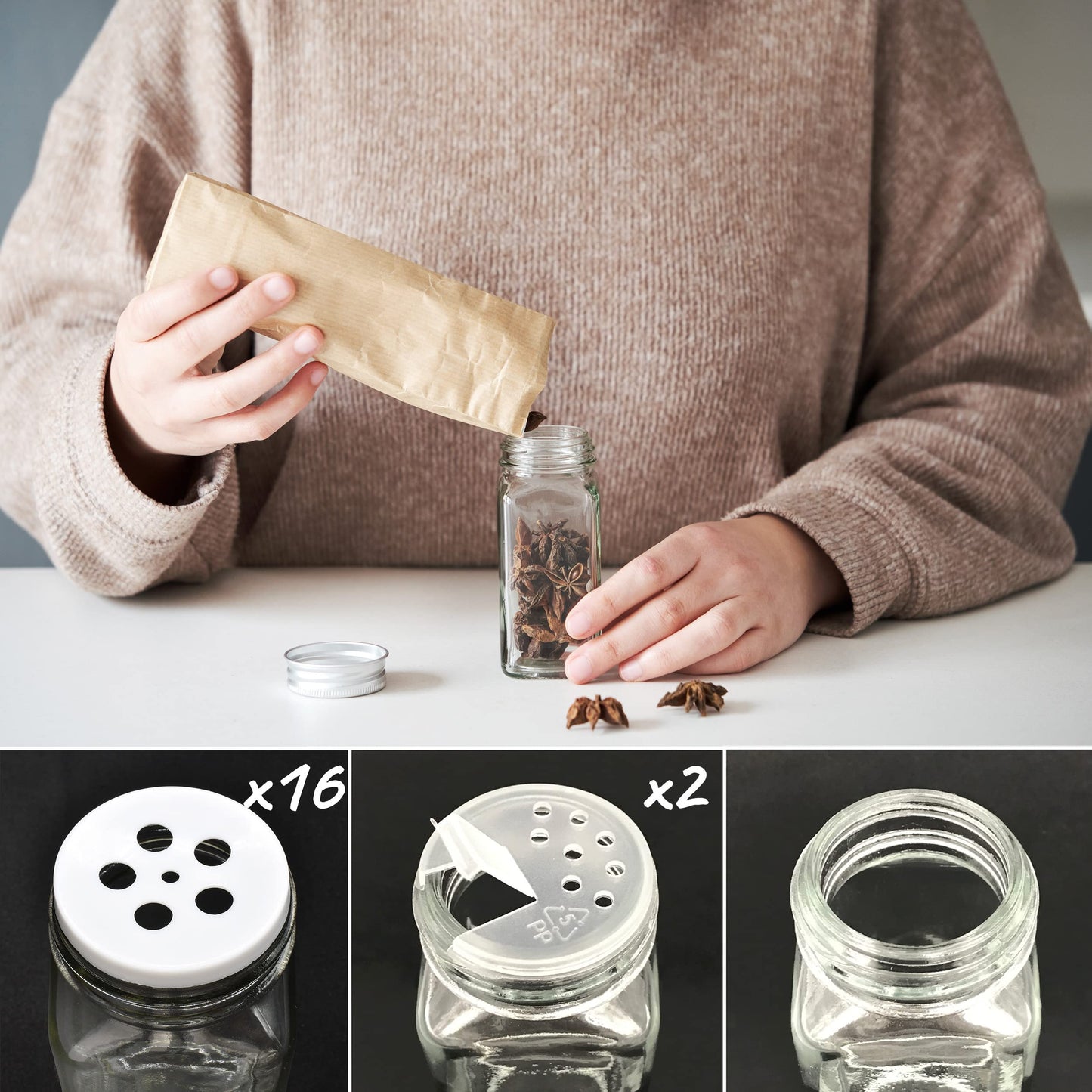 volila Spice Jars - 16 Pack 120ml Glass Spice Jars with Lids and Labels, Stickers, Pen, Cleaning Sponge and Funnel - Refillable Square Seasoning Jars for Spices, Herbs, Salt and Pepper