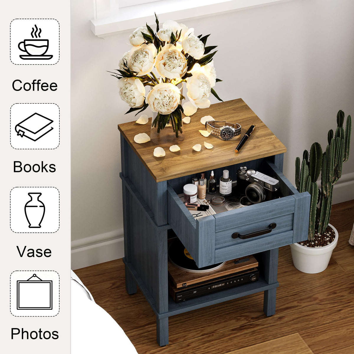YAUKTAK Small Farmhouse Nightstand, Wood Night Stand Set, End Table with Drawer, Small Rustic Wooden Bedside Table, Bed Side Table for Bedroom, Blue end Table with Storage for Bedroom LET512LR