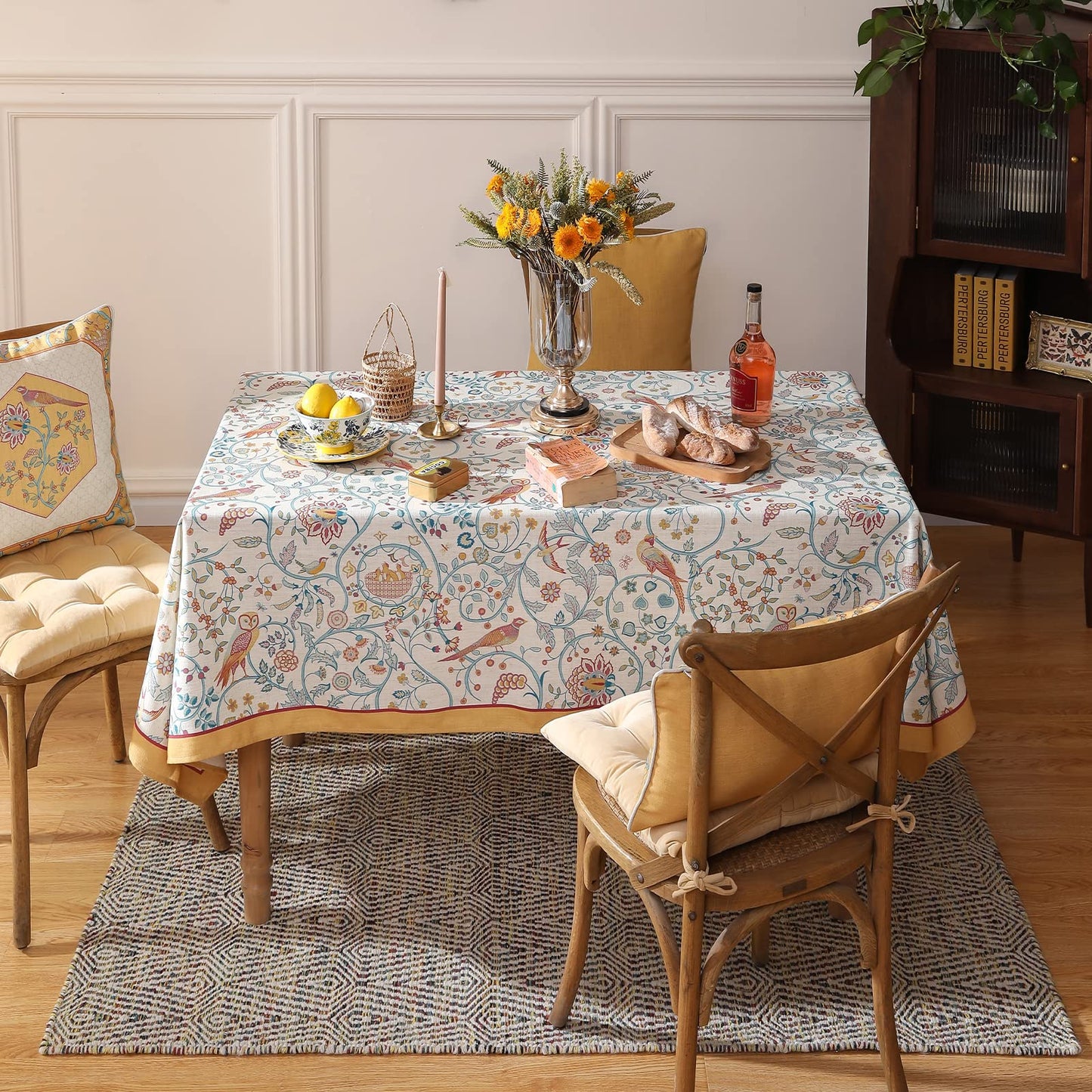 patdrea Designer Yellow French Spring Summer Tablecloth,Rustic Linen Floral Birds Pattern Table Cloth for Square Tables,Decor Table Cover for Kitchen Dining Holiday Banquet,Christmas,55"*55"