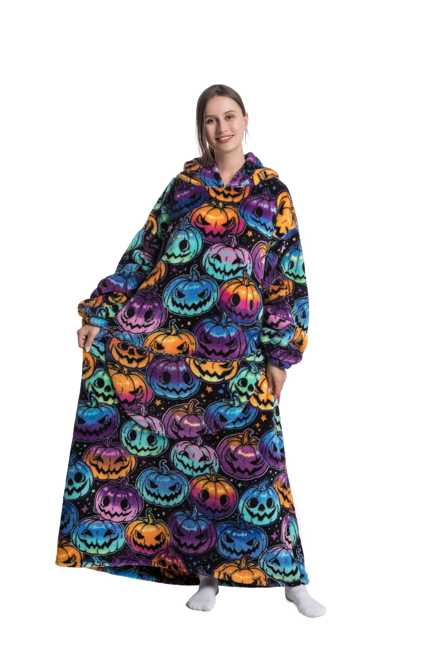 Capecage Blanket Hoodie, Long Hooded Blanket Sweatshirt as Birthday Gifts for Women Men, Long Wearable Blanket for Men Women,Pumpkin Hoodie Blankets for Women Men